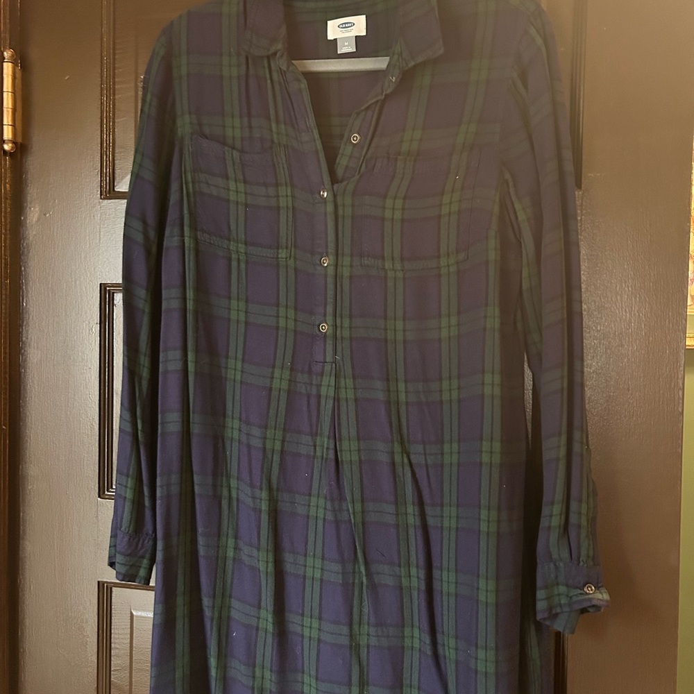 Old Navy Navy and Green Plaid Mini Shirt Dress